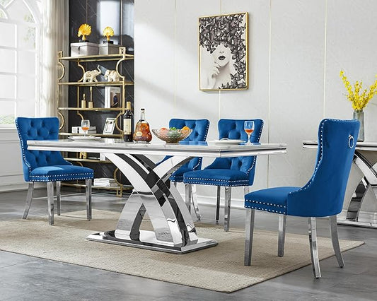 Modern Marble Dining Table Set for 4, Luxury Kitchen Dining Room Table Set for 4, 68" Faux Marble Dinner Table with Velvet Chairs, 5 Piece Dining Table Set for Dinner Party Gathering, Blue & Silver