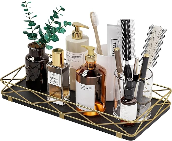 Toilet Paper Basket Holder, 13" Bathroom Tray Countertop, Wood and Metal Toilet Tank Tray Bathroom Vanity Organizer for Toiletry, Kitchen Sink Organizer for Soap Dispenser (Black + Gold)