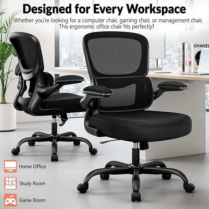 Office Chair Ergonomic Desk Chair, Breathable Mesh Comfy Chair with Lumbar Support, Computer Chair, Home Desk Chair with Flip-up Armrests, Gaming Chair for Adults Home Office (Black,2Pack)