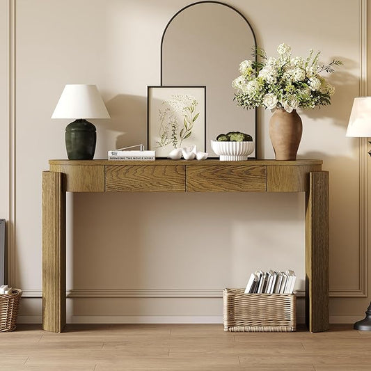 Entryway Table with Natural Wood Grain Finish, Console Table with Fluted Design, Oval Top and 2 Drawers for Entryway and Living Room (Pine Wood)