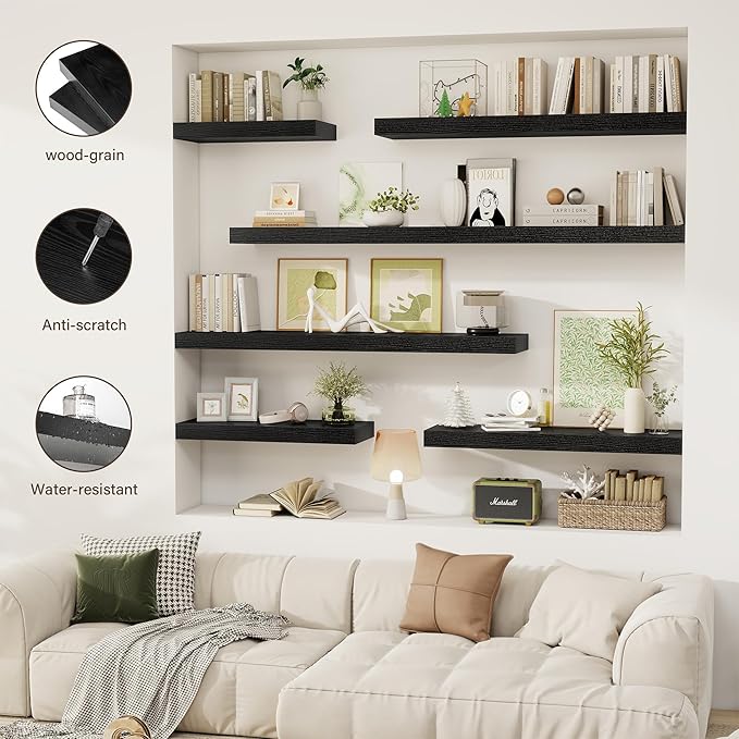 Acovy 24 Inch Floating Shelves, 12" Deep Floating Shelf Wall Mounted, 24" Wall Shelves, Rustic Deep Bookshelf, Extra Deeper & Thicker Display Shelves for Bedroom, Living Room, Black, Set of 2