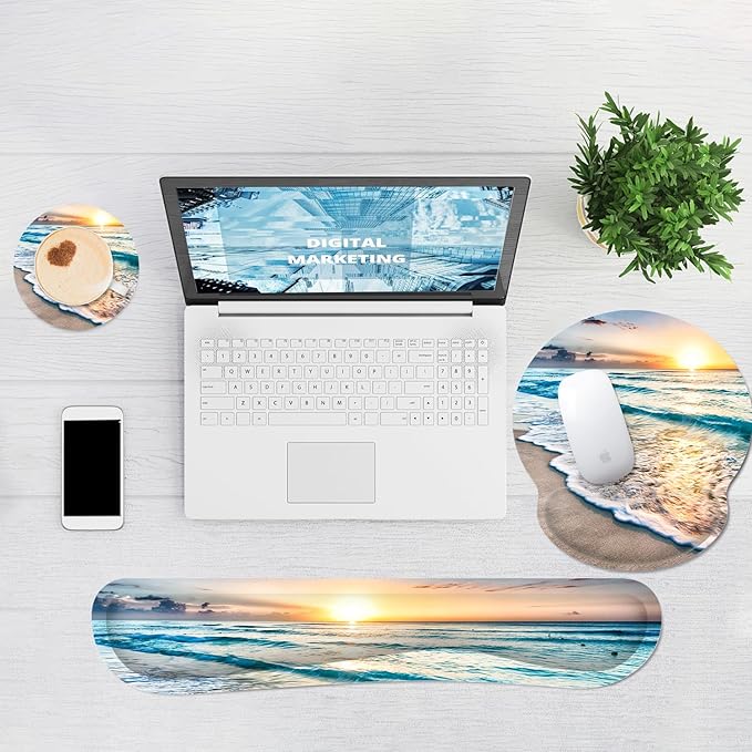 Ergonomic Mouse Pad with Wrist Rest and Keyboard Wrist Rest, Mousepad and Wrist Rest for Computer Keyboard, Pain Relief, Non-Slip Rubber Base, Mouse Pad with Wrist Support for Gaming, Office, Beach