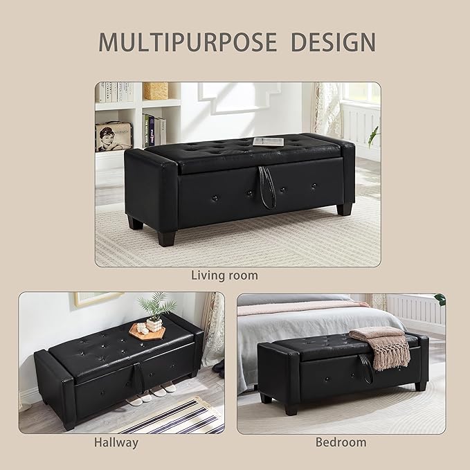 Furniliving Storage Bench, 48‘’ Upholstered PU Leather Ottoman Bench with Button-Tufted, Folding Bedroom Bench with Wood Legs, Entryway Bench for Bedroom, Black