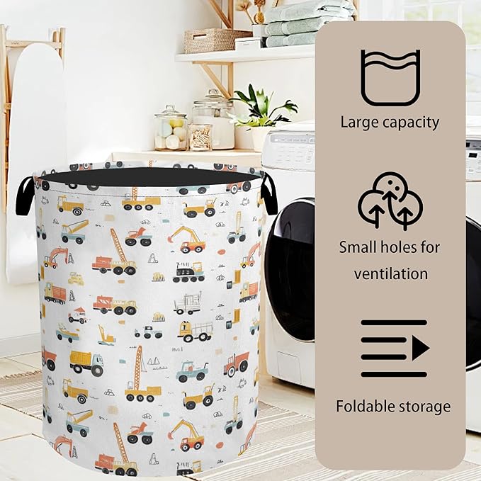 Cartoon Construction Vehicle Foldable Canvas Laundry Basket with Handles - Toy Organizer, Heavy Duty for Home,Bedroom, Dorm, Bathroom