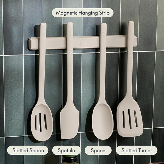 bella 5-Piece Kitchen Tool Set with Magnetic Rack, Silicone, Turner, Spoon, Slotted Spoon, Spatula, Utensil Holder, Magnetic Holder, Non-toxic*, Food-grade, Heat safe to 425°F, Dishwasher Safe, Slate