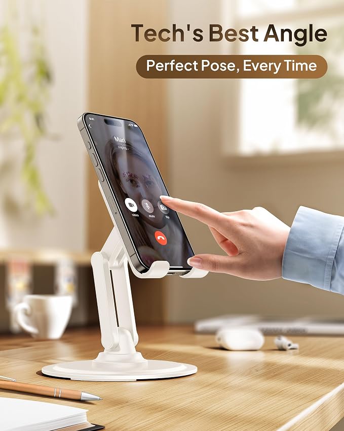 COOPER 360° Stand, Rotating Cell Phone Stand for Desk | Sturdy Metal Base, Foldable, Portable | Cell Phone Holder for Desk (Cream White)