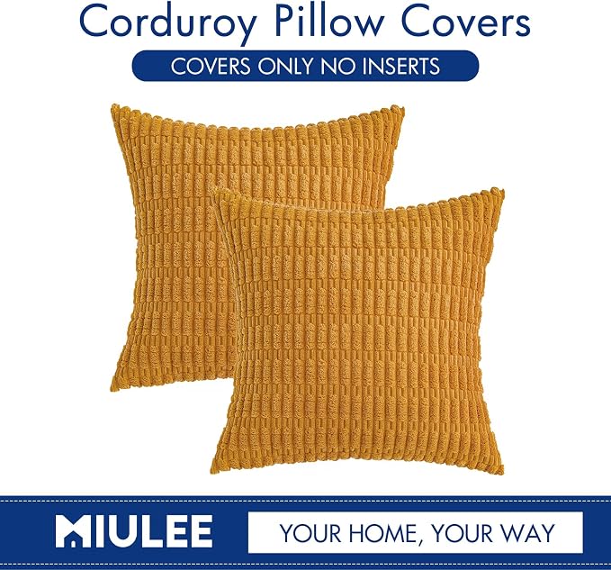 MIULEE Pack of 2 Corduroy Decorative Throw Pillow Covers 20x20 Inch Soft Boho Striped Pillow Covers Modern Farmhouse Home Decor for Summer Sofa Living Room Couch Bed Gold Yellow
