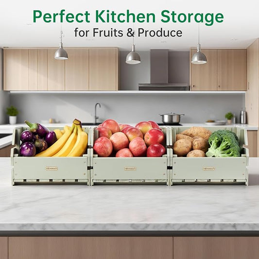 Wood Potato Onion Storage Bins - Wooden Stackable Produce Basket - Fruit Vegetable Storage for Kitchen Pantry Organization, Set 3 Pieces