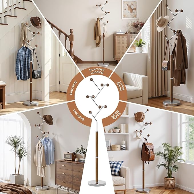 Coat Rack Freestanding, Metal Coat Tree with 8 Rubber Wood Hooks, Heavy Duty Coat Hanger Stand with Marble and Stainless Steel Base, Standing Hall Tree for Clothes, Hats, Bags, Jacket