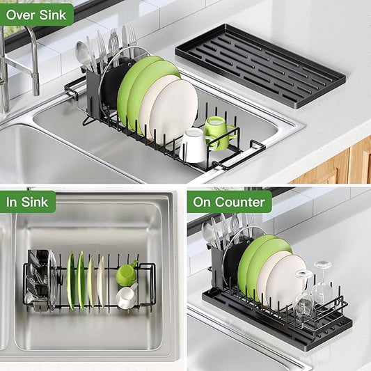 Dish Drying Rack Over the Sink Expandable In Small Black Drainer Dry for Kitchen Counter, Metal Stainless Steel Compact Dishes Drain with Tray, Space Saving Extendable Modern Plate Strainer Holder