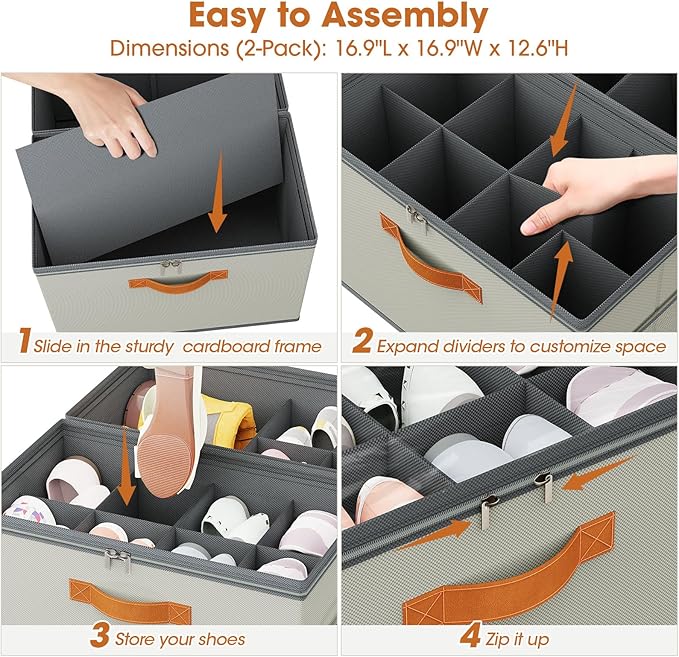 4 Pack Shoe Organizer for Closet,Foldable Shoe Storage Organizer with Adjustable Dividers, Shoe Storage Box with Clear Cover, Fits up to 16 Pairs, Gray