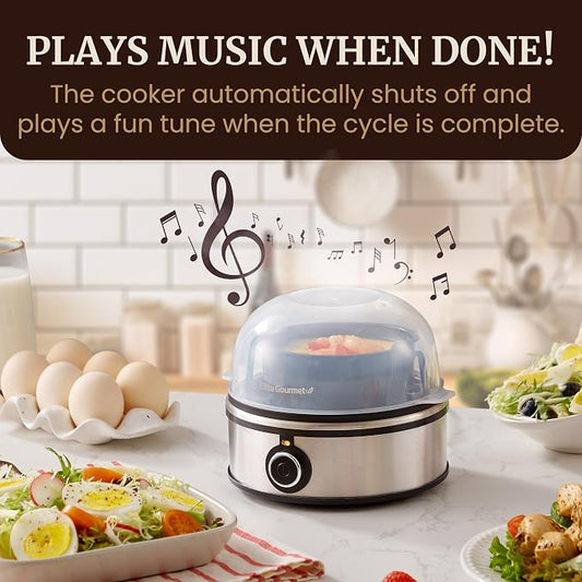 Elite Gourmet EGC855SS Easy Egg Cooker, 7-Egg Capacity, Soft, Medium, Hard-Boiled, Omelets, Poached Eggs, Plays Melody when Done, Auto Shut-Off, Measuring Cup, Stainless Steel