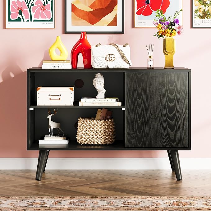 WLIVE TV Stand for 40 Inch TVs, Small Entertainment Center with Storage Cabinet, Mid-Century Modern TV Stands for Living Room and Bedroom, 32" TV Console, Black