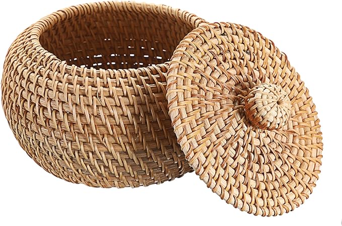 Hipiwe Round Rattan Basket Boxes With Lid Hand-Woven Wicker Storage Baskets Bin Decorative Basket Box Multi-Purpose Picnic Food Bread Basket Small Keys Basket Bowl for Entryway (X-Small,4.7"x3.3")