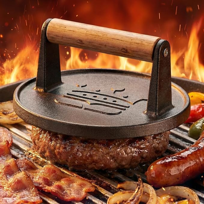 Smash Burger Press 6.5โ, Includes 20 Pcs of Baking Paper, Cast Iron Flat Round Edge Grill/Bacon/Meat/Hamburger/Chef Press with Wood Handle, Hamburger Press Patty Maker for Griddle Accessories