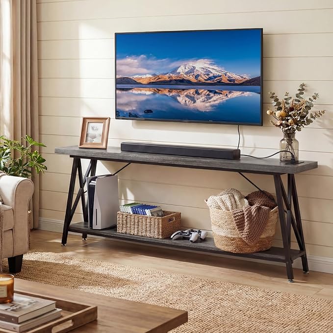 Homieasy 70.9 Inch Extra Long Console Table, Industrial Sofa Table Behind Couch with Charging Station & Storage Shelf, Entryway Table for Living Room & Entryway, Grey Oak