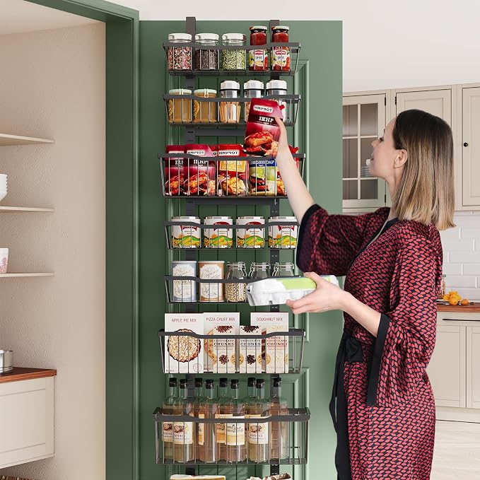 Eastherry Over The Door Organizer,8-Tier Over The Door Pantry Organizer with Adjustable Baskets,Metal Hanging Pantry Organizers and Storage for Kitchen, Back of Door Seasoning Rack (Black)