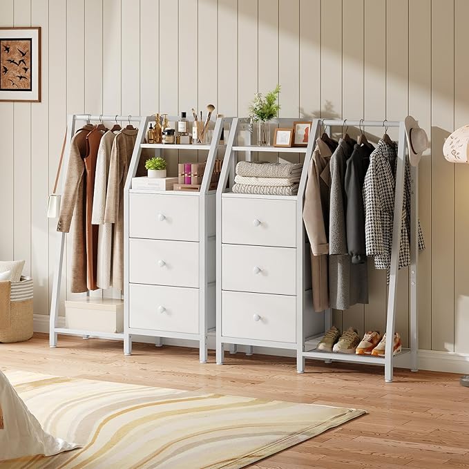 Dresser with Hanging Rack, Reversible Chest of Drawers for Bedroom, 3 Fabric Storage Drawers Dresser with Clothes Rack and Open Shelf, for Closet, Entryway, White