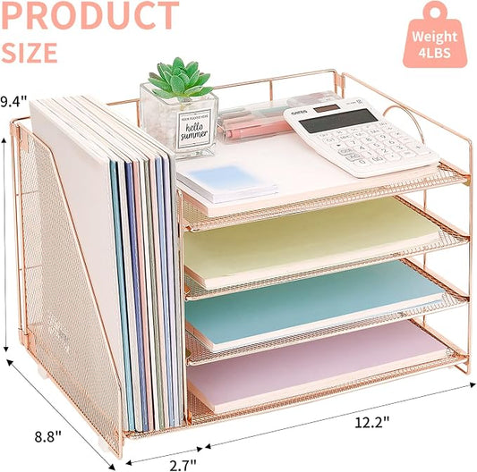 OPNICE Desk Organizer, 5-Tier Paper Organizer Letter Tray with Magazine Holder, Office Desk Accessories & Workspace Organizers, Desktop File Organizer for Office Supplies Storage, Rose Gold