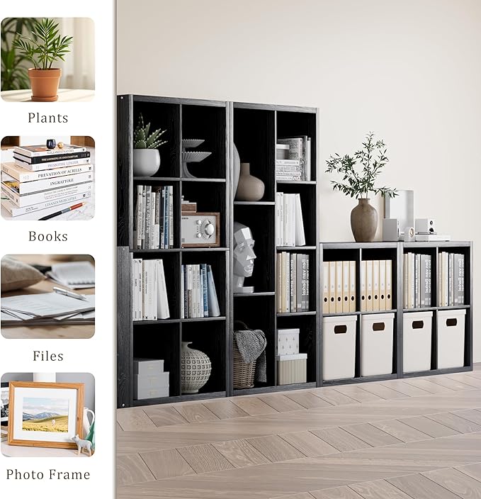 Cube Storage Organizer Bookcase, Decorative 11 inch Open Back Cubical Shelf with Thickened Border, Display Bookshelf for Living Room, Home Office, Sturdy Room (Black, 4 Cube)