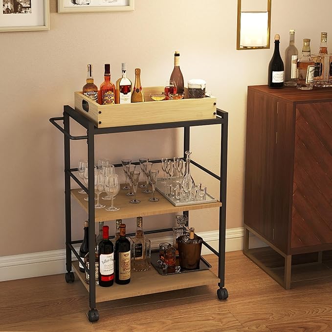 3 Tier Kitchen Cart, Rolling Bar Cart for Tea, Coffee, Liquor, and Drink Service with Removable Serving Detachable Server, Natural Oak