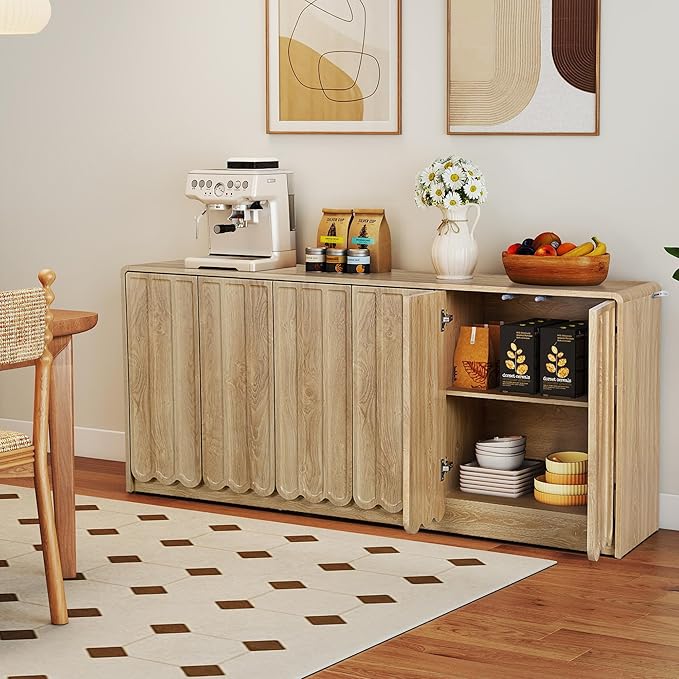 ORRD Sideboard Buffet Cabinet with Storage, Low Storage Cabinet Modern Wooden Accent Credenza Console Table TV Stand with 6 Wave Panel Doors for Kitchen Dining Living Room Entryway, Natural
