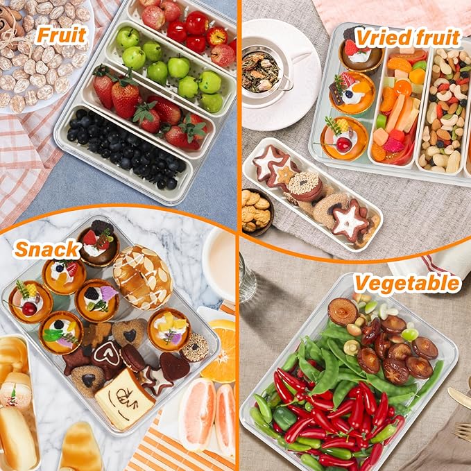 Portable Fruit Storage Containers for Fridge, 4 Compartments Snack Box Container, BPA-Free Divided Serving Tray with Lid for Veggie, Clear Snack Tray Candy Tray