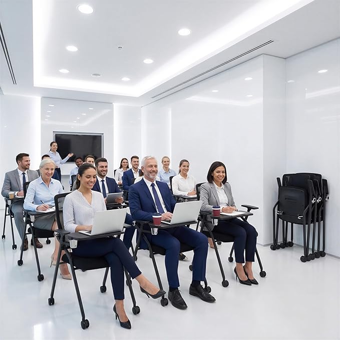 Updated Conference Room Chairs with Tablet Arm, Folding Office Desk Chair with Lumbar Support and Sliding Armrest with Casters, Stackable Office Guest Chairs & Reception Chairs, 10 Pack Black