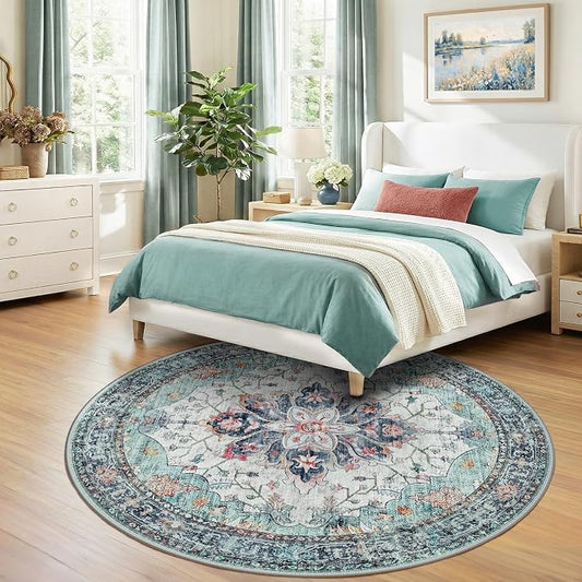 RELEANY Area Rugs Round 7ft Washable Non-Slip, Floral Vintage Distress Medallion Carpet for Living Room Bedroom Dining Room, Green Navy Blue White Red Teal