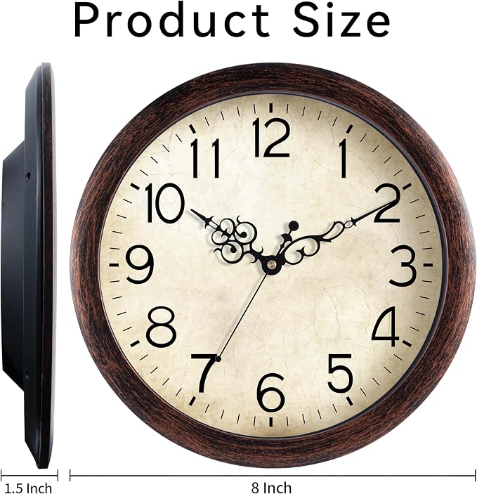 KECYET Wall Clock, Vintage Wall Clocks Battery Operated Quartz Silent Non-Ticking 8 Inch Retro Rustic Style Clock Decorative for Kitchen,Bathroom Home Office (Bronze)