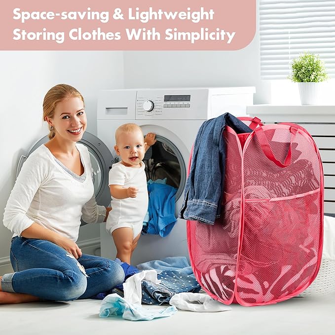 DUCOO Pop Up Laundry Hamper, 70L Collapsible Mesh Laundry Basket with Side Pocket, Foldable Dirty Clothes Hamper with Sturdy Reinforced Handles for Home Dorm Bedroom Travel Bathroom Storage, Red