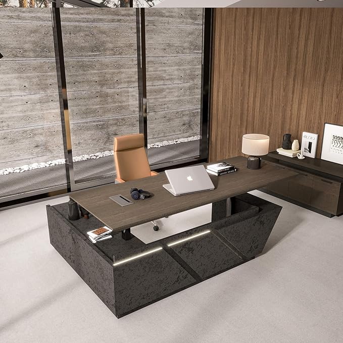 94.5" Adjustable Height L-Shaped Executive Desk with LED Light Strip - Black Inverted Trapezoid Design, Includes Storage Cabinet with Drawers & Doors, Ergonomic Standing Office Desk for Home & Office