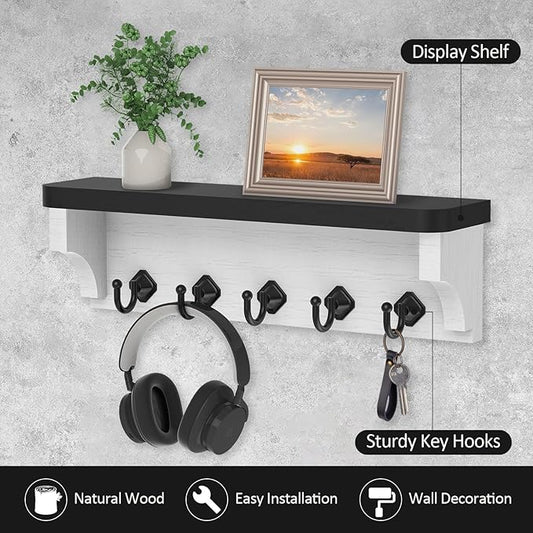Nekon Key Holder for Wall, 11.8" W x 3.5" H x 2.8" D Decorative Key Organizer with Floating Shelf, Wall Mount Key Rack with 5 Hooks (Black)