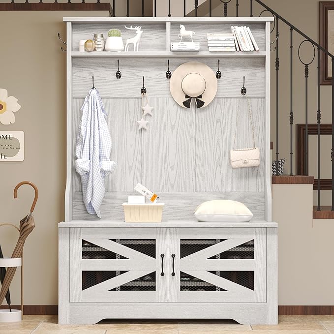 Itaar Hall Tree with Bench and Shoe Storage, 5-in-1 Entryway Bench with Coat Rack, 10 Shoe Cubbies & 9 Coat Hooks, Barn Door & Adjustable Shelf (Embossed White)