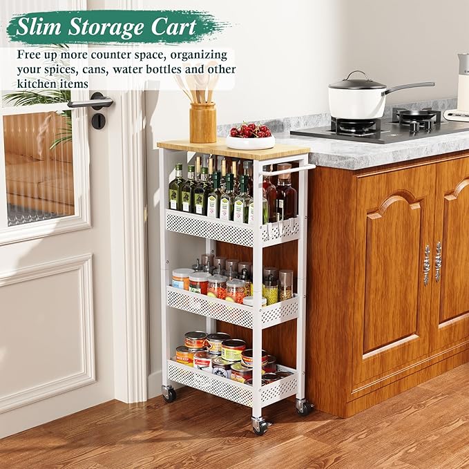 OKZEST Utility Slim Storage Cart, 4-Tier Narrow Bathroom Organizers and Storage Cart, Narrow Metal Kitchen Laundry Room Organization Shelf with Wood Top, Slim Rolling Carts with Wheels for Small Space
