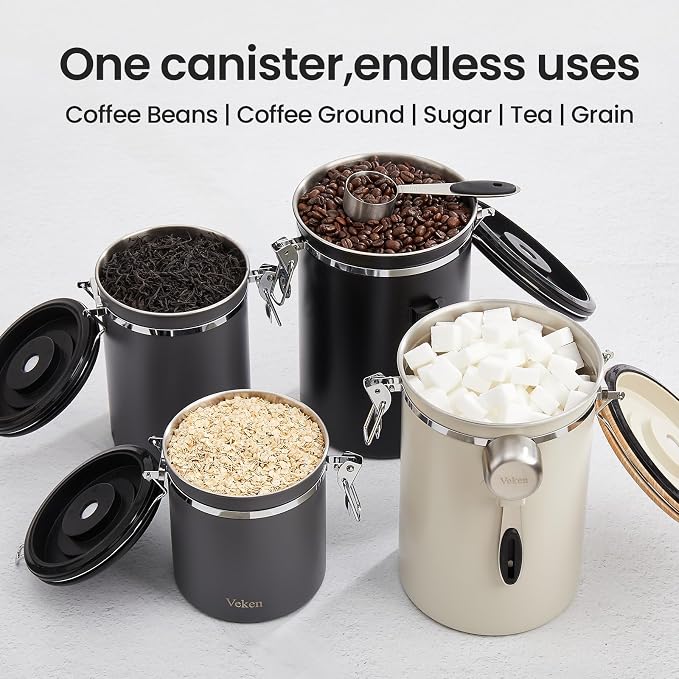 Veken Coffee Canister, Airtight Stainless Steel Kitchen Food Storage Container with Date Tracker and Scoop for Grounds Coffee, Beans, Tea, Flour, Cereal, Sugar, 22OZ, Gray