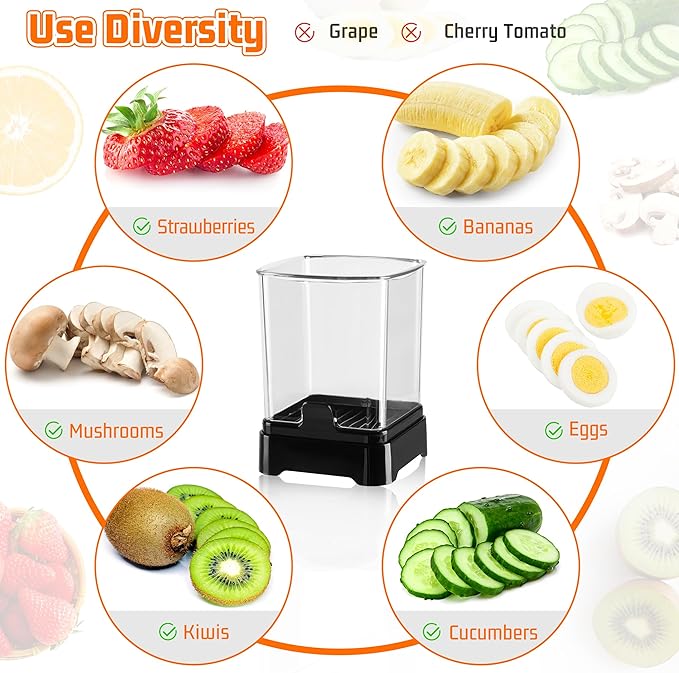 Fruit Slicer Cup for Strawberry, Banana, Hard-Boiled Egg - Detachable Cutter with Push Plate - 304 Stainless Steel Blade - Rapid & Safe Slicing Kitchen Gadget for Quick Meal Prep (Black)