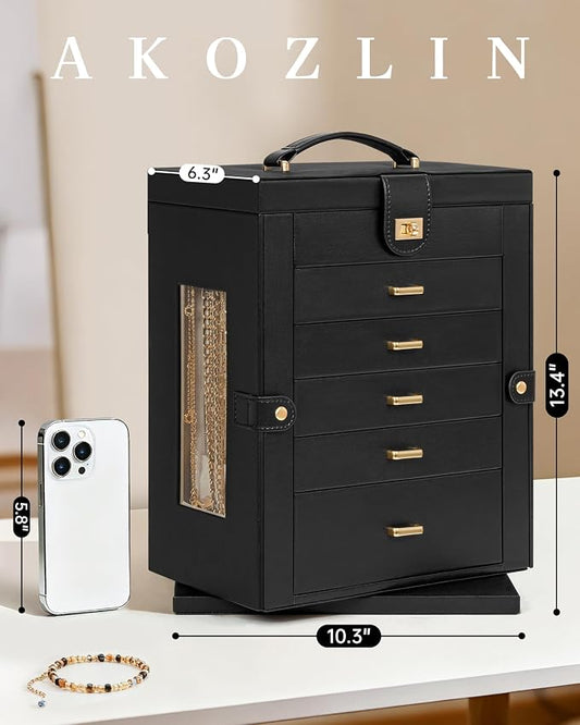 AKOZLIN Jewelry Box 6-Tier Organizer Functional 360° Rotating Jewelry Storage Case for Women Girls Ring Necklace Earring Bracelet Holder with Mirror