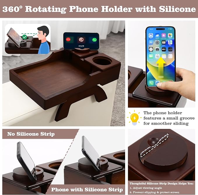 GHKINMAL Couch Cup Holder Tray, 15.4"x9.9" Large 4 in 1 Couch Armrest Table with 360°Rotated Phone Holder, Non-Slip Clip on Side Table for Drinks/Remote/Snacks, Ideal Gift for Husband, Wife, Parents