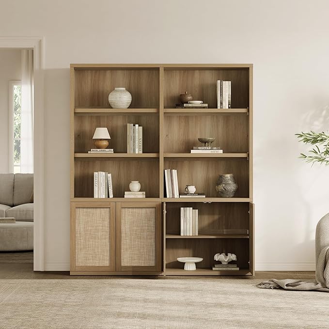 SICOTAS 70.5" Tall Bookshelf - Rattan 5-Tier Bookcase with Doors, Boho Farmhouse Book Shelf Case with Storage Cabinet, Large Bookshelves for Living Room Home Office(Amber Oak, 3 Pieces)
