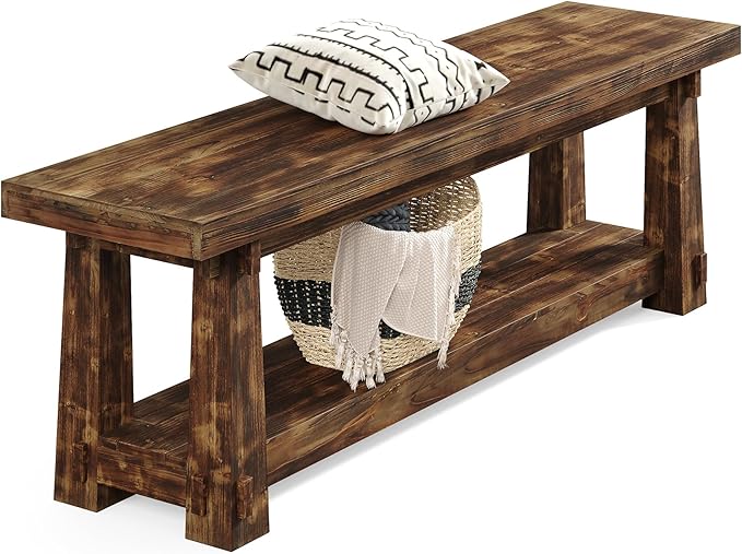 55" Solid Wood Entryway Bench with Shoe Storage, Rustic Charred Wood Grain Foyer Bench with Open Shelf for Hallway, Mudroom, Bedroom, Easy Assembly