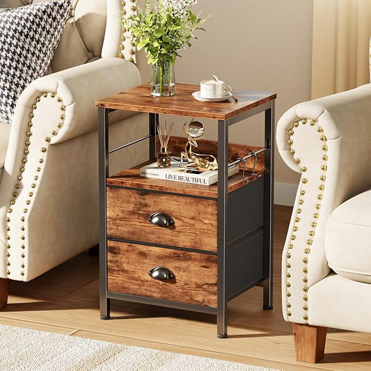 Furologee Night Stand Set of 2, Nightstand with 2 Fabric Drawers, Bed Side Table with Open Shelf, Wooden Top, Hooks, Backboard Design, End Table for Bedroom, Study, Hallway, Brown