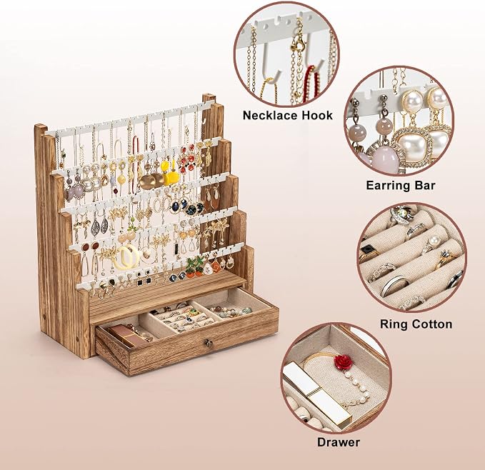 Pinzoveco Earring Organizer, 5 Layer Earring Holder Organizer with Necklace Holder Pole, Rustic Wood Jewelry Organizer Stand Display for Stud Earring Bracelet Necklace Ring, 175 Earring Holes