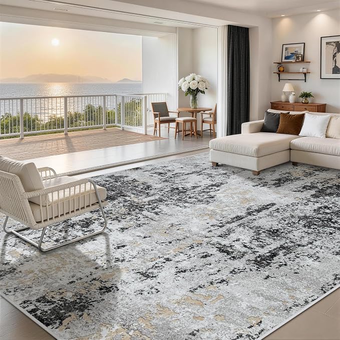 10x14 Area Rugs for Living Room Rug Washable: Abstract Large Rug Indoor Modern Carpet Non Slip for Dining Room Bedroom Nursery Home Office Black Grey Gold