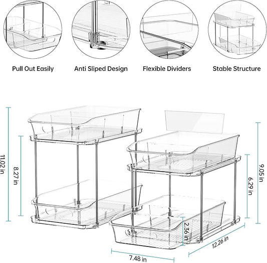 Delamu 2-Tier Under Sink Organizers and Storage, Multi-Purpose Stackable Bathroom Cabinet organizers, Pull Out Kitchen Pantry Organization and Storage with Dividers(2 Pack, Clear)