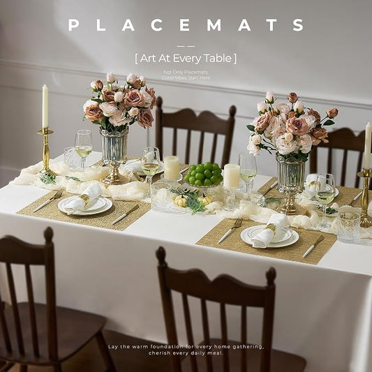 Leetaltree Gold Placemats Set of 6 - Heat Resistant Non-Slip Place mats for Dining Table, Washable Durable PVC Vinyl Woven Table Mats(Luxury Gold, 6)