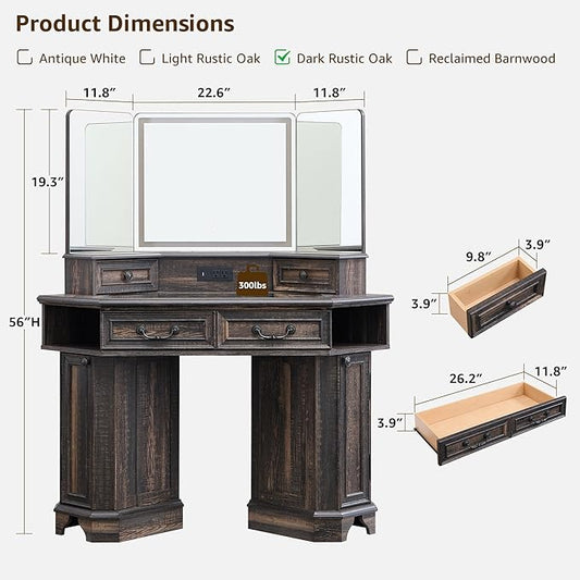 T4TREAM Makeup Vanity Desk 48" with 3 Way Mirror and Lights, Large Farmhouse Corner Vanity Dressing Table with Glass Top & Charging Station, 3 Drawers & 2 Storage Cabinets, Dark Rustic Oak