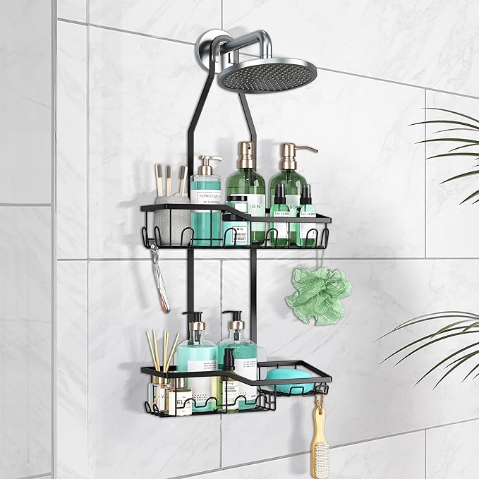Shower Caddy Hanging,Rustproof Anti-Swing Shower Organizer,2 Tier Hanging Bathroom Caddy Anti-swing and Non-slip,Bathroom Organizer with 18 Hooks for Razor/Sponge