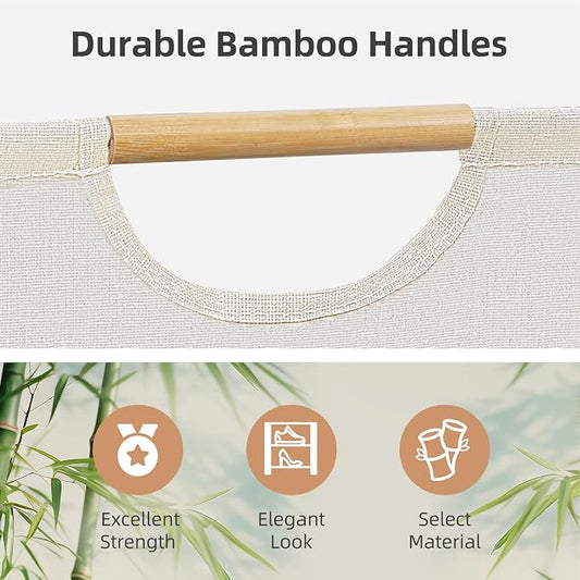 STORAGE MANIAC 3-Pack Large Laundry Hamper, 80L (21.1 Gal) Collapsible Laundry Basket with Bamboo Handles, Freestanding Waterproof Clothes Hamper for Laundry Room, Bedroom, Dorm, Towels, Beige