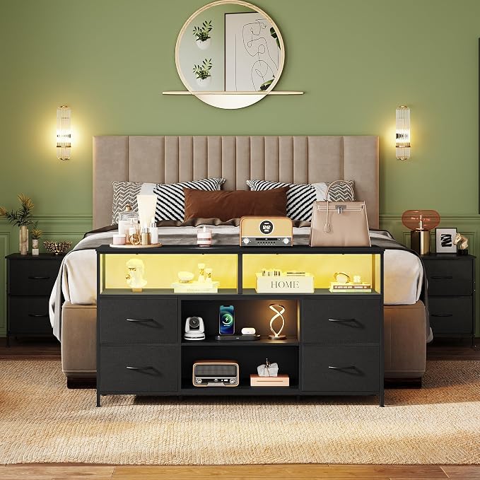 WLIVE TV Stand Dresser for 50,55,60 inch TV, Entertainment Center with LED Lights & Fabric Drawers, Dresser TV Stand for Bedroom and Living Room with Open Shelves, Black